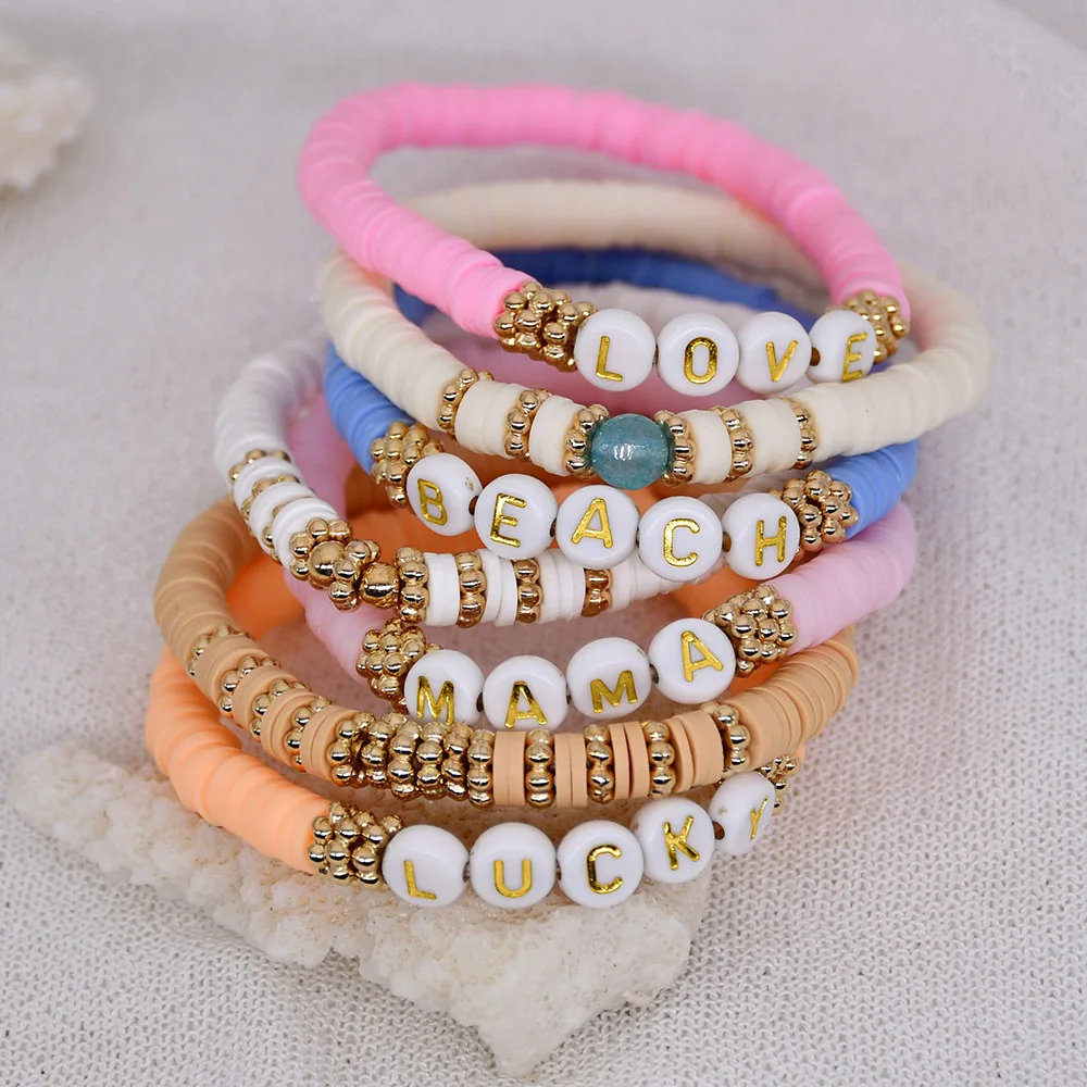 SHIHAN Bohemian Colorful Polymer Clay Acrylic Letter Love Beach Mama Lucky Beads Bracelets