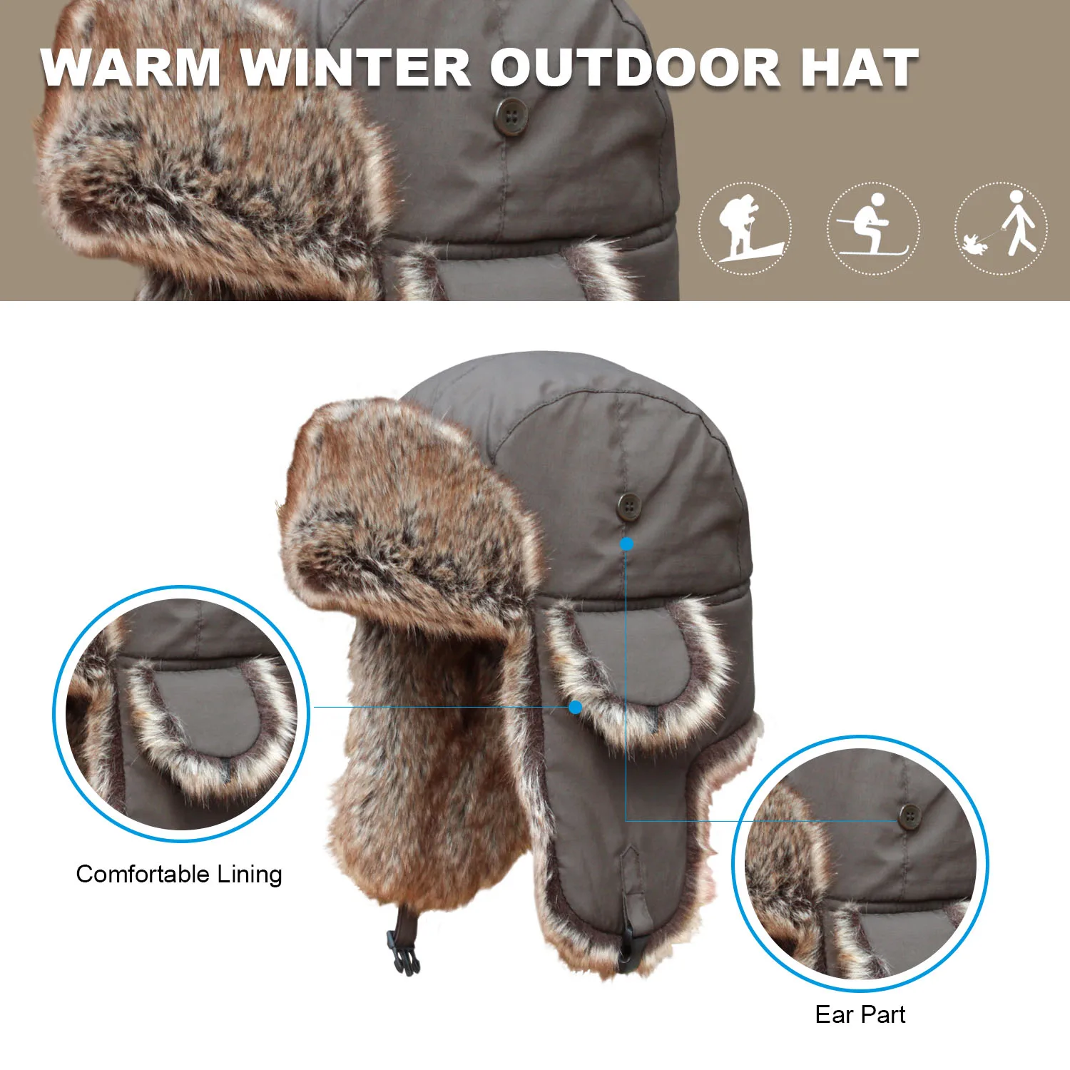 FUR WINTER Faux Fur Russian Ushanka Hat Winter Outdoor Trooper Ski Hat