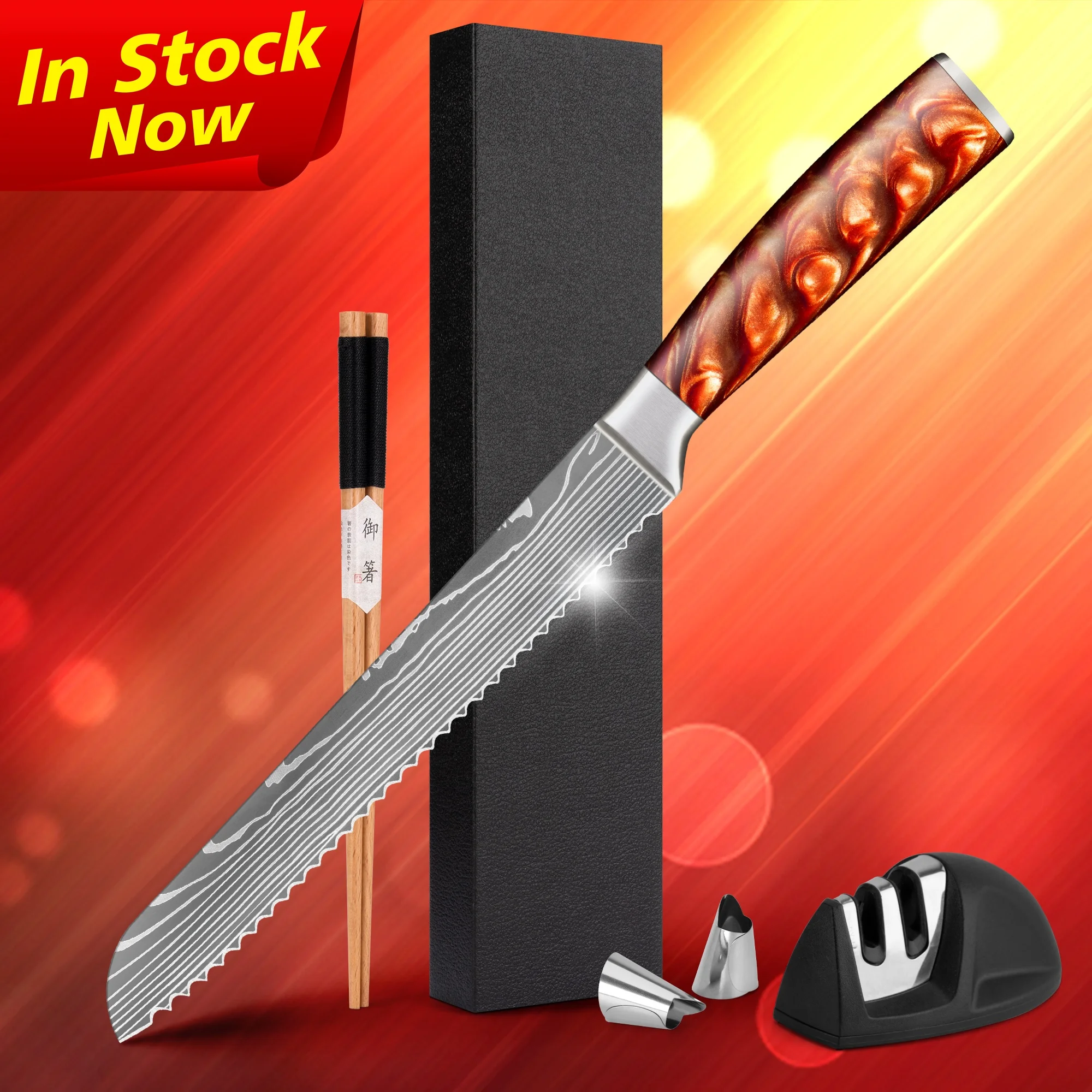Lava Red Resin Handle 8 Inch 67 Layers VG10 Damascus Bread Slicer Japanese Custom Serrated Bread Knife With Gift Box