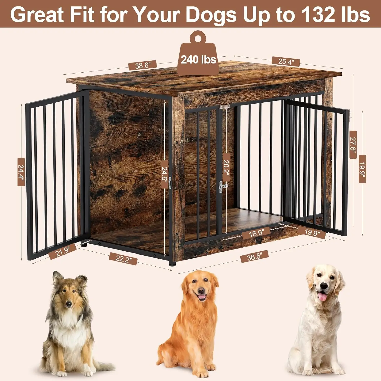 Wholesale Heavy Kennel Duty Furniture Style wooden Dog Cage For Large Dogs Adjustable Indoor Double-Doors Dog House
