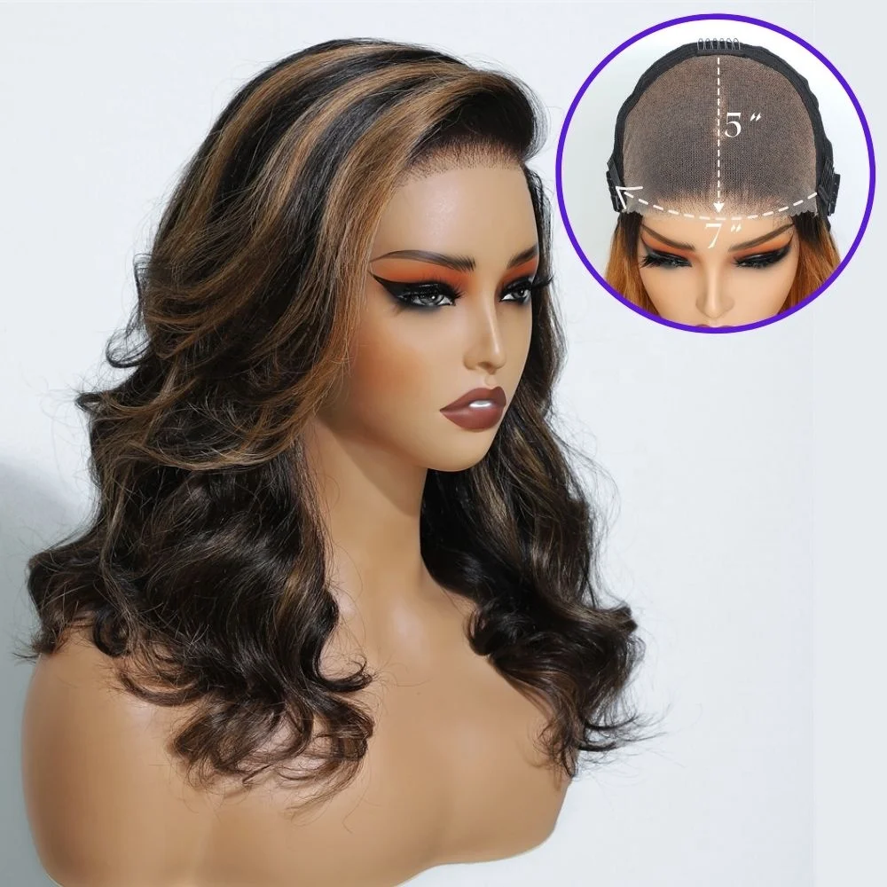 7X5 Glueless Wigs Human Hair,Raw Indian Temple Hair Wigs for Black Women, Lace Front Raw Indian Highlight Curly Human Hair Wigs