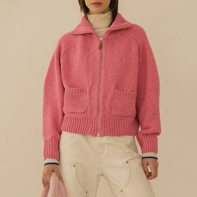 Hot Sale Womens 100% Wool Zip-up Cardigan For Top Knitwear Sweater