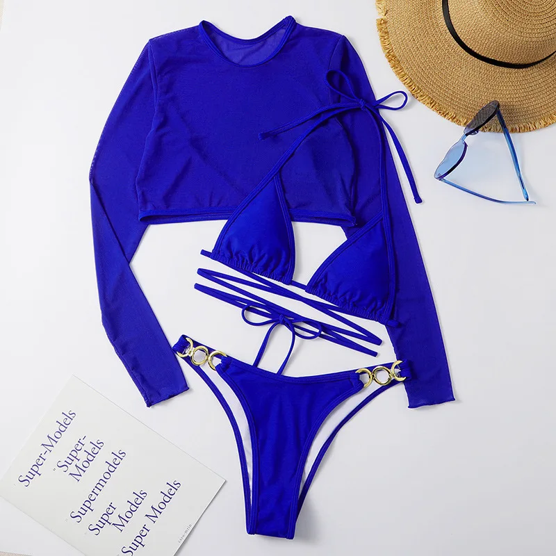 Large Size Three Piece Long sleeve mesh Pajama Short Set Sling Sexy Pajamas Colorful mini brazilian bikini