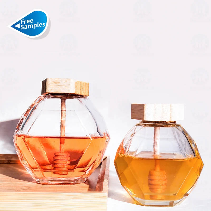 Glass Honey Jar Diamonds Hexagonal Container Pot Stick Spoon Packaging Bottle with Wooden Unique Design 200ml Kitchen