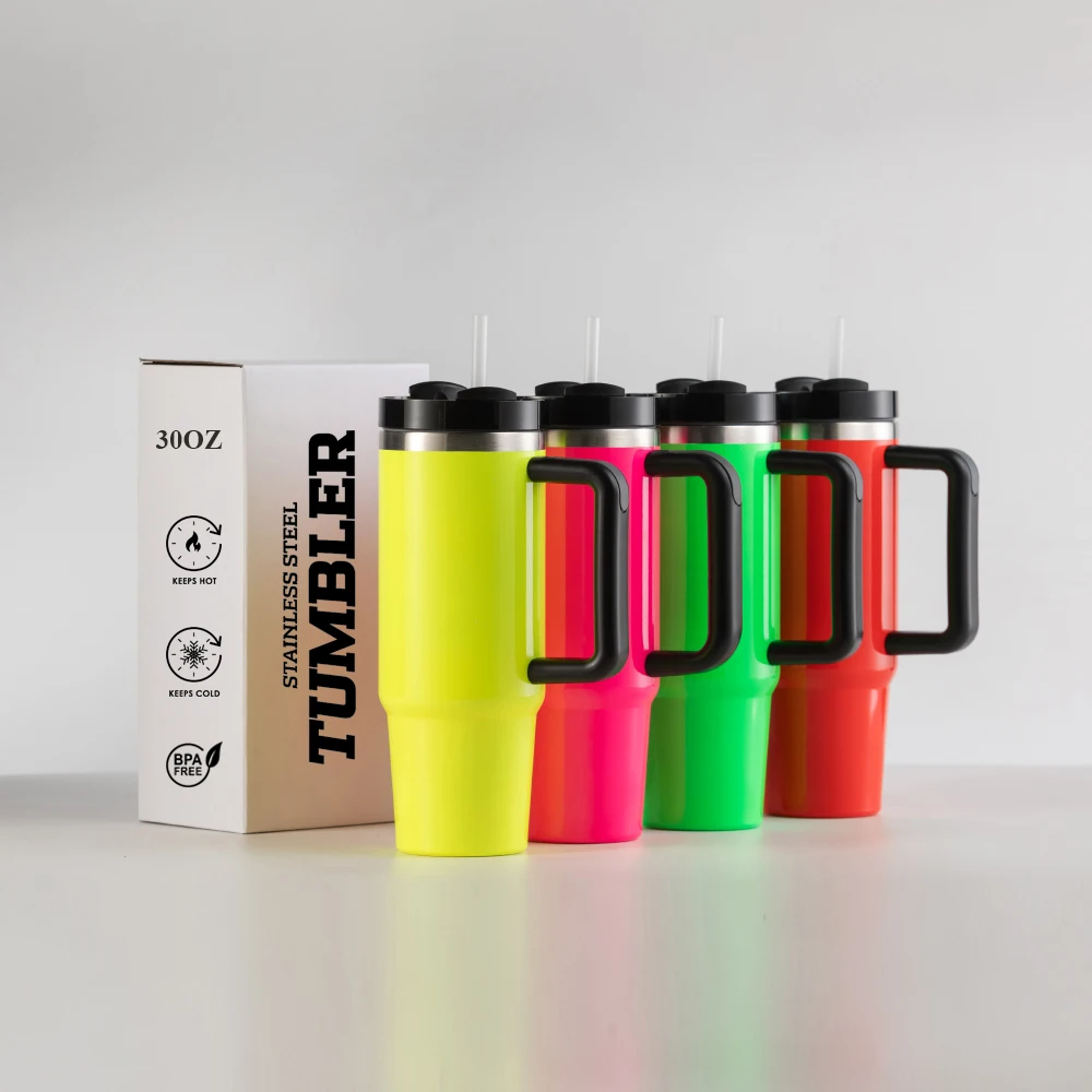 Wholesale Stainless Steel Double Wall Thermos Car Neon 30Oz Cups Tumbler With Handle Straw
