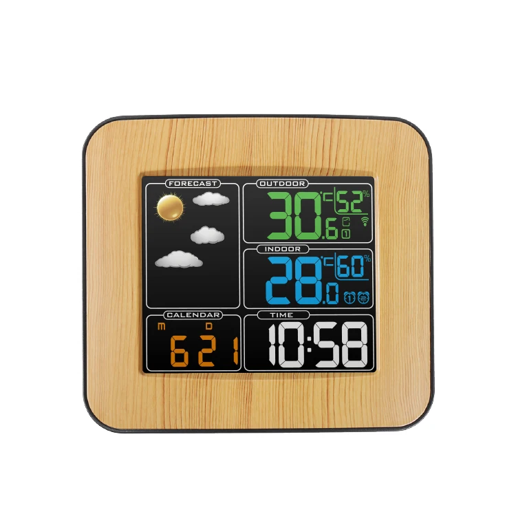 EWETIME Manufacturer Wireless weather station with thermo-hygrometer wooden digital radio control alarm clock 3RF Channels