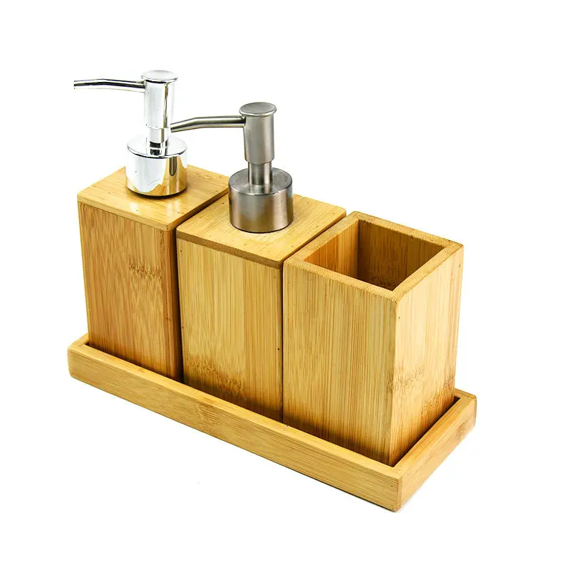 Bamboo Wooden Products Luxury Bathroom Essentials Accessory Set Simply Bath Accessory Bamboo Lotion Dispenser