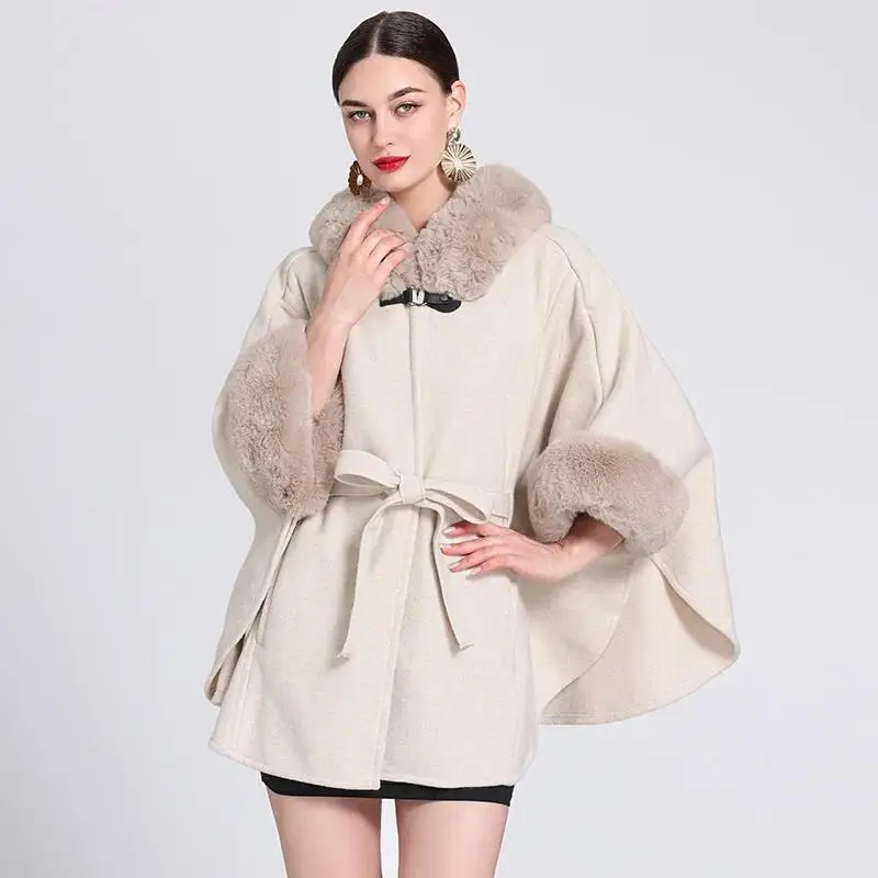 3 Colors Winter Warm Faux Woolen Poncho Belt Cape Women Rabbit Fur Big Batwing Sleeves Loose Long Cloak Coat With Hat