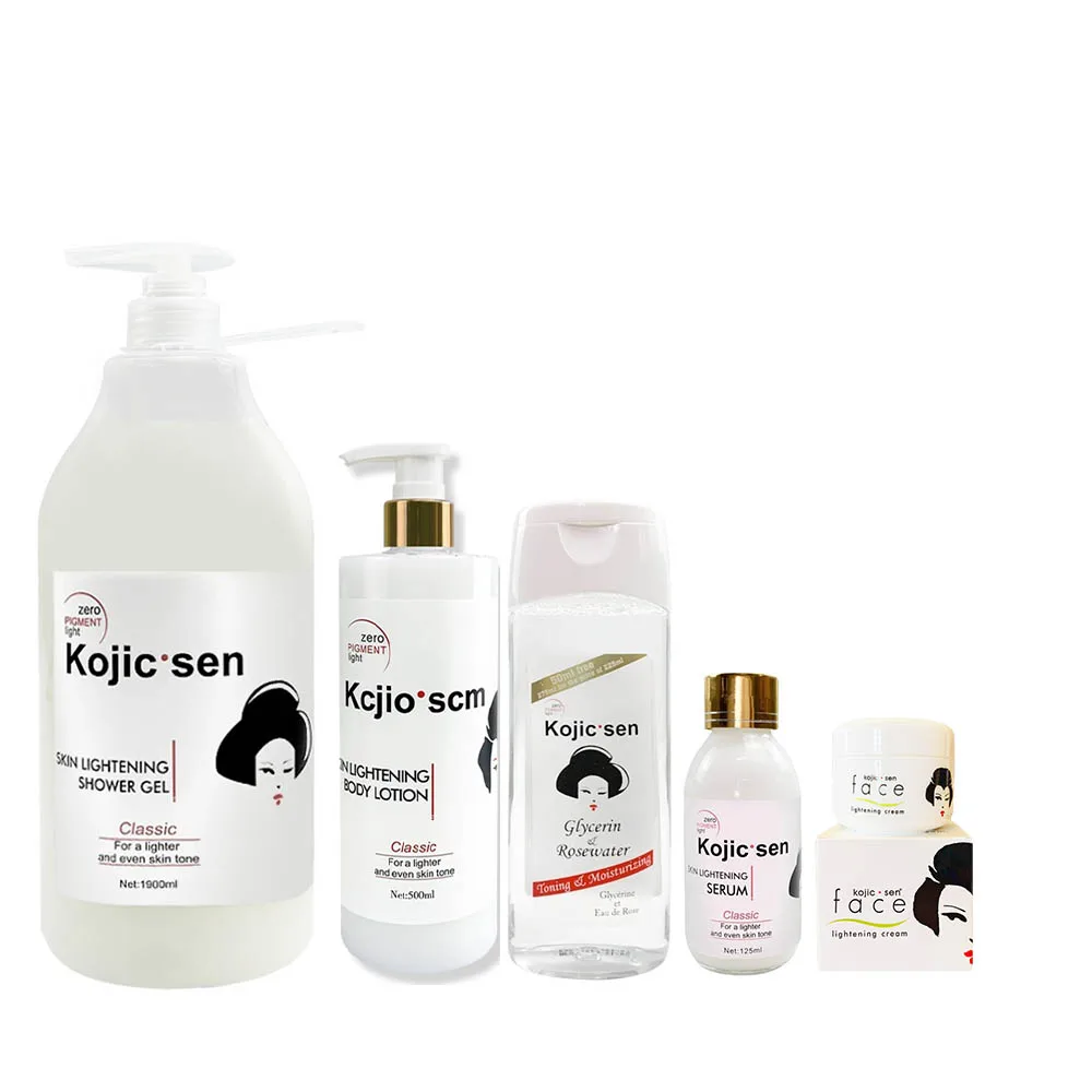 KOJIC SKINCARE SET LIGHTENING SHOWER GEL MOISTURIZING ROSEWATER TONER BRIGHTENING BODY LOTION ANTI AGING SERUM AND FACE CREAM