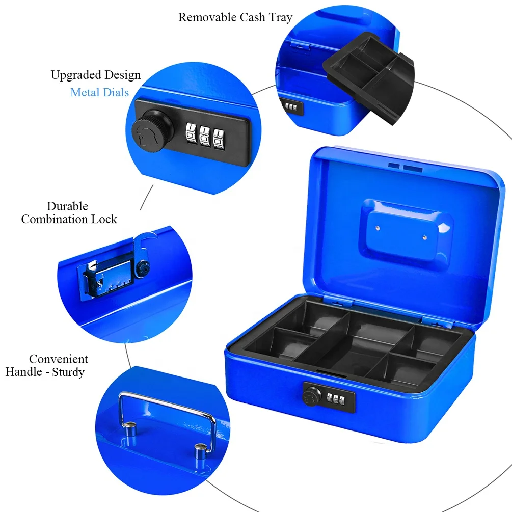 Blue color Large Cash Box with code Lock portable Money Box with Removable Coin Tray