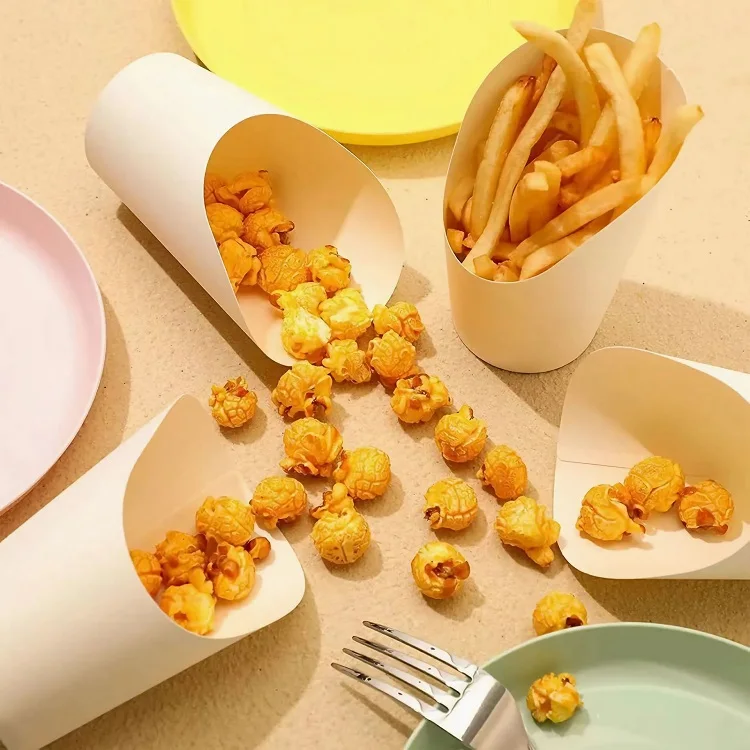 2024 Customization Kraft Paper White Black Egg Puff French Fries Cone Fried Food Bevel Cup