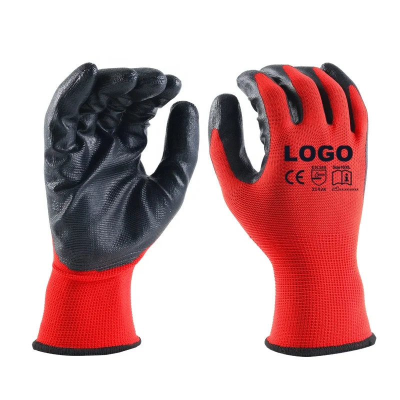 CE standard 13 guaged red nylon polyester liner black  Nitrile coated guantes industriales garden gloves