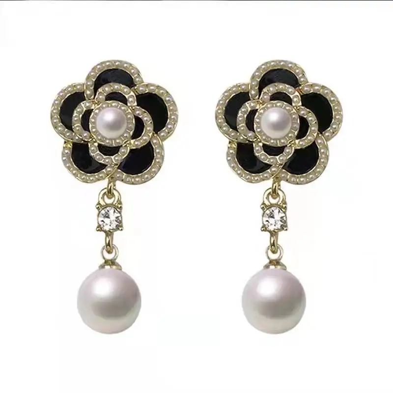 Camellia Designer Earings Collection Designer Jewelry Sets Rhinestone Stainless Steel Flower Pearls Earrings Latest Catalogue