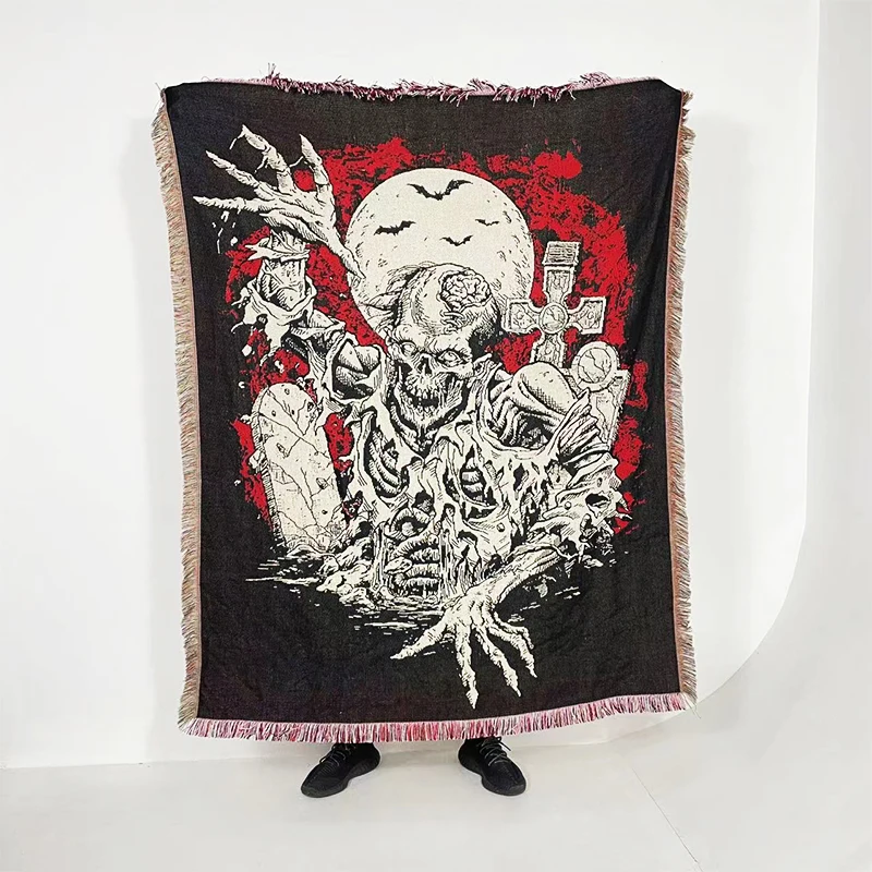 Manufacturer Quick Customization Logo  Tapestry Woven Polyester +Cotton Blanket Halloween Tapestry Hoodie  Throw Woven Design