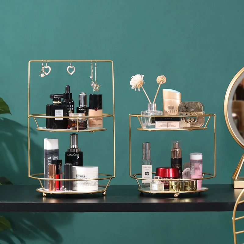 Metal Crafts,Cosmetic Storage Rack,Double-layer Serving Trays Jewelry Tray Storage Rack With Handle