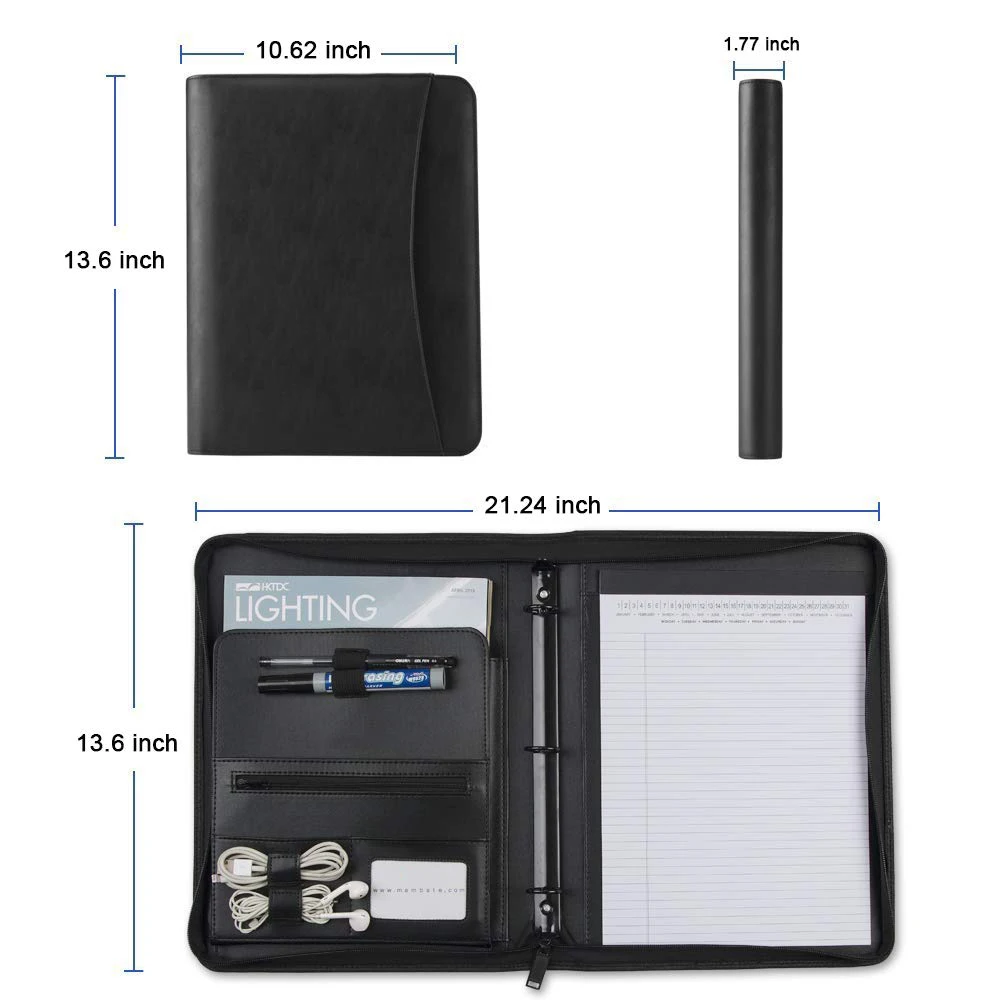 Portfolio Folder, PU Leather Document Organizer  with Round Ring Binder