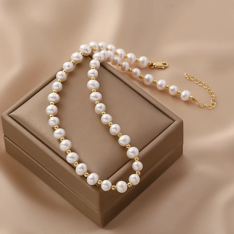 INS Trendy 14K Gold Filled Yellow Gold Ball Beaded Pearl  Necklaces Natural Freshwater Rice Pearl Necklace for Women