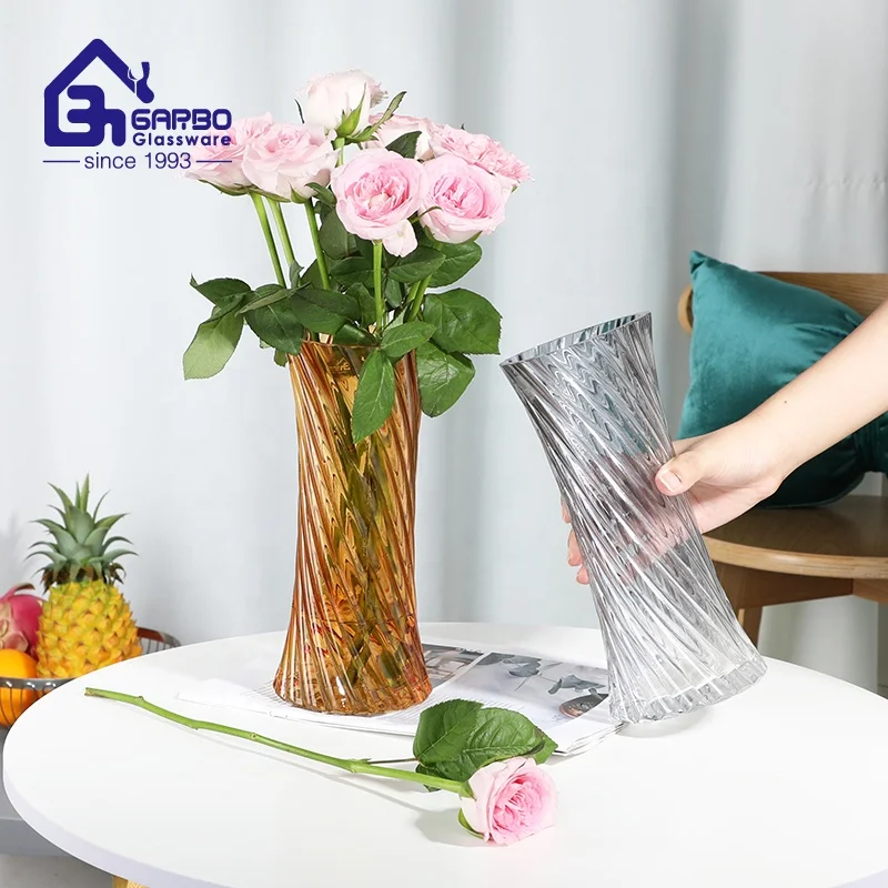 Handmade Craft Fancy Decorative Glass Flower Vase 25cm Colored Glass Vase with Wide Top Factory Modern Ribbed Design Glass Vase