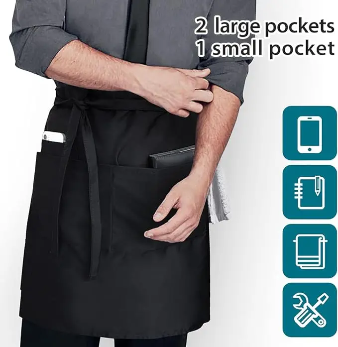 Wholesale Tavern Bakery Chef Waiter Bib 3 Pockets Men Women Dirt Resistant Waterproof Restaurant Aprons