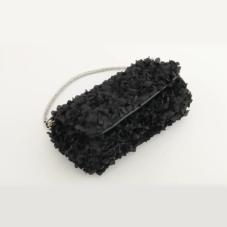 2024 New Fashion Custom Color Satin Small Flower Purse Beautiful Rhinestone Hand Long Chain Handbag