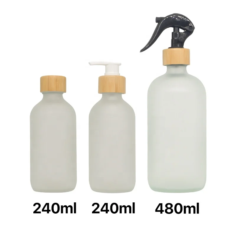 Luxury 500ml 16oz Empty Boston Round Clear Frosted Room Glass Spray Bottle with Trigger Sprayer and Silicone Sleeve for Cleaning