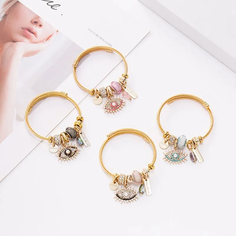 Wholesale Crystal Beads Adjustable 18K gold Plated Stainless Steel Bangle Pink  Children Charm Jewelry Kids Evil Eye Bracelet