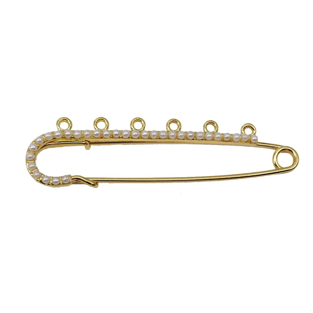 8CM Gold Plated Pearl Baby Pin Brooches Muslim Islamic Hijab Scarf Safety Pins With 6 Loops For DIY Jewelry Making