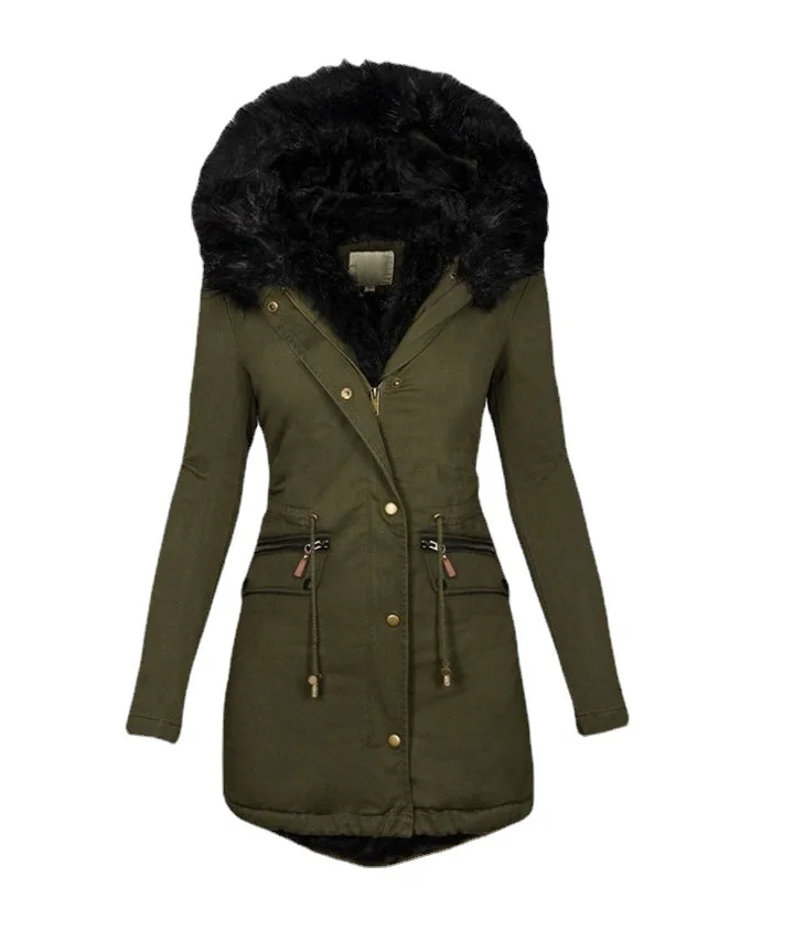 High Quality  2021 Winter Women Pure Color Fur Collar Hooded Medium Length Warm Cotton Padded With Pockets