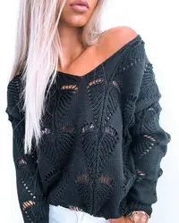 Fashion Women Autumn Winter Sweaters Hollow Out Design See Throough V-Neck Long Sleeve Solid Color Casual Loose Knitted Top