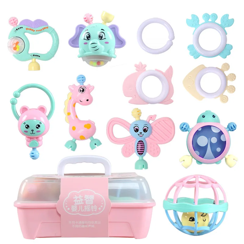 Storage Gift Box Safety Plastic Hand Bell Baby Rattle Silicone Teether Set Toy For Newborn Toy