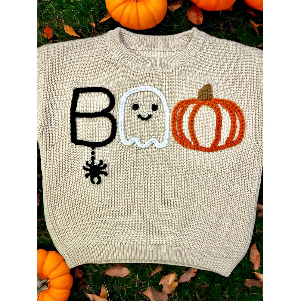 Mia Factory Oversized Kids Sweater Custom Hand Embroidered BOO Pumpkin Halloween Sweater for Toddler Baby Winter Wear