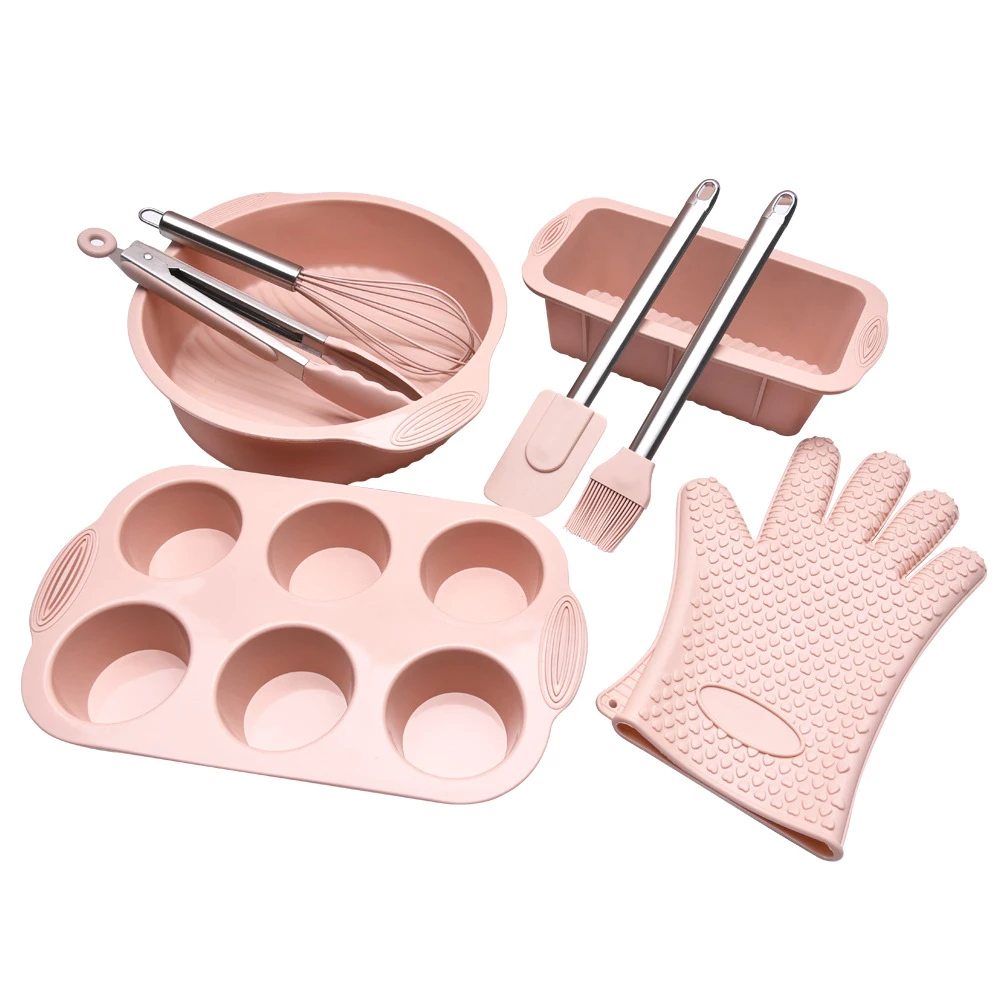 CL210 8-piece Baking Set Round Cake Pan Spatula Oil Brush Silicone Kitchen Utensils Heat Resistant Nonstick Baking Cooking Tools
