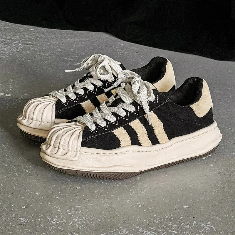 Shell head dissolving shoes niche stitching retro zebra color matching thick bottom heightening couple shoes low top sneakers