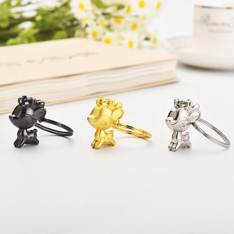 Customized 3D Craft Cute Deer Animal Toys Keyrings  Cartoon Key Chains Christmas Gifts Tree Car Decoration Gold Metal Keychains