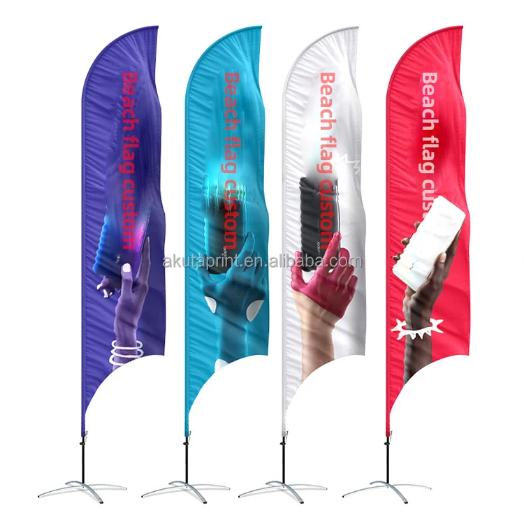 high quality hot sports nylon material fabric roll crochet plastique pour custom beach flag with stem water base cross base
