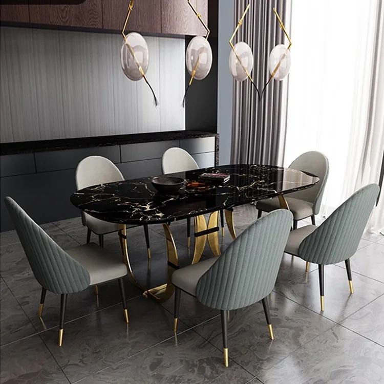 New furniture marble dinning modern golden dining table and 6 dining chairs set with stainless steel leg