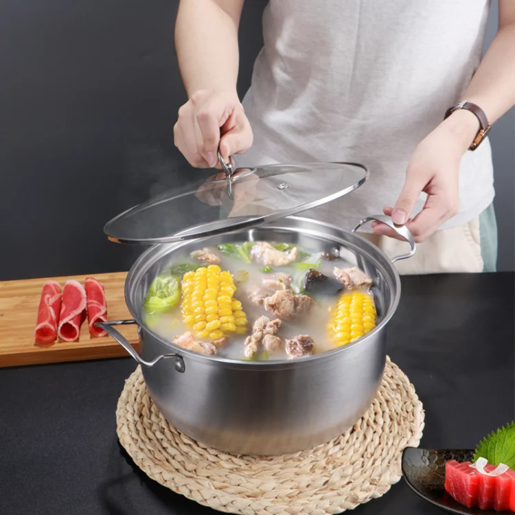 High Quality Kitchen Stainless Steel Cookware Stock Pot With Glass Lid Two Side Handle