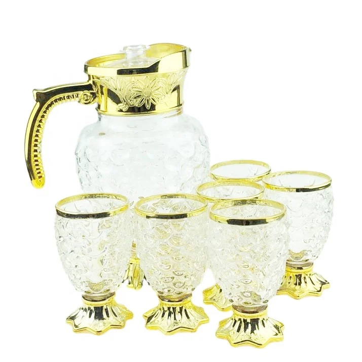 1.6L clear glass round water jar and 150ml glass cup set electroplate gold colour drinkware home bar dinning glassware