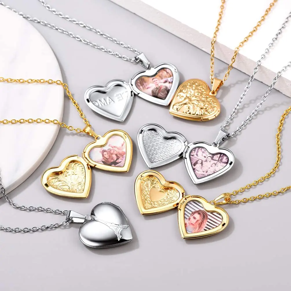 Diy Gold Photo Necklace for Men Women Stainless Steel Personalized Round Heart Picture Pendant Necklaces