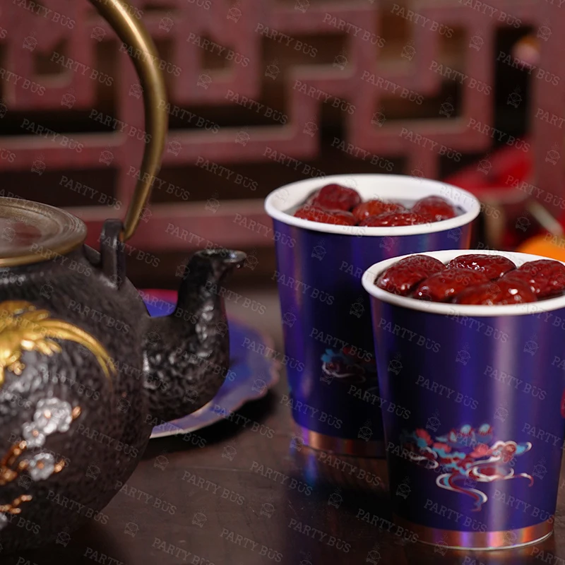 Partybus Traditional Chinese Style Dark Blue Paper Cups Plates Disposable Wedding Dinner Party Tableware Set