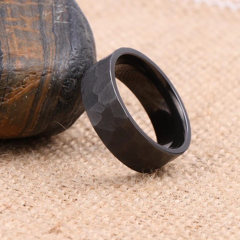 Tizi Jewelry Tungsten Titanium Rings Handmade Faceted Black Zirconium Ring for Men Hammered Mens Wedding Bands
