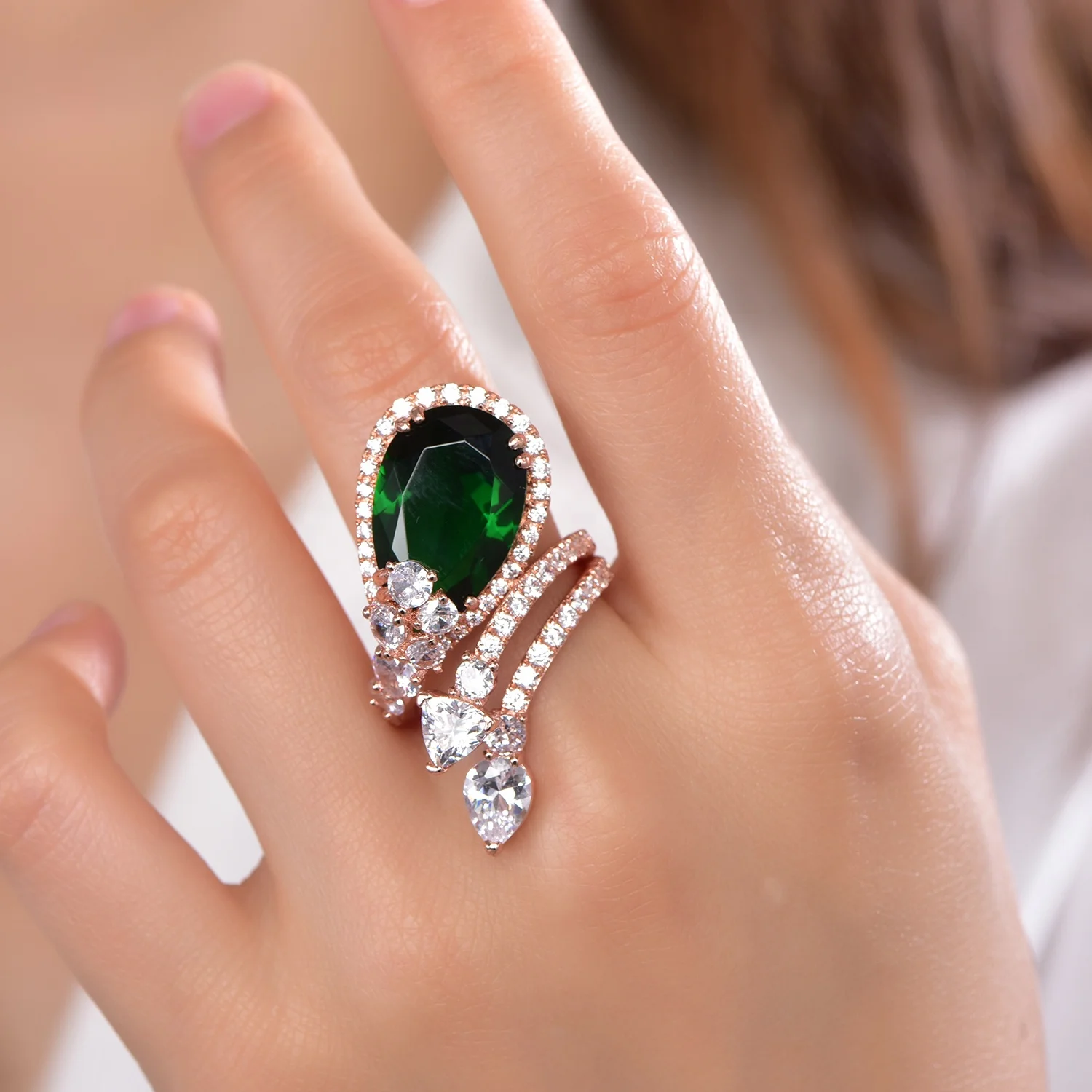 custom pear emerald moissanite diamond engagement ring rose gold round brilliant cut zircon wedding ring
