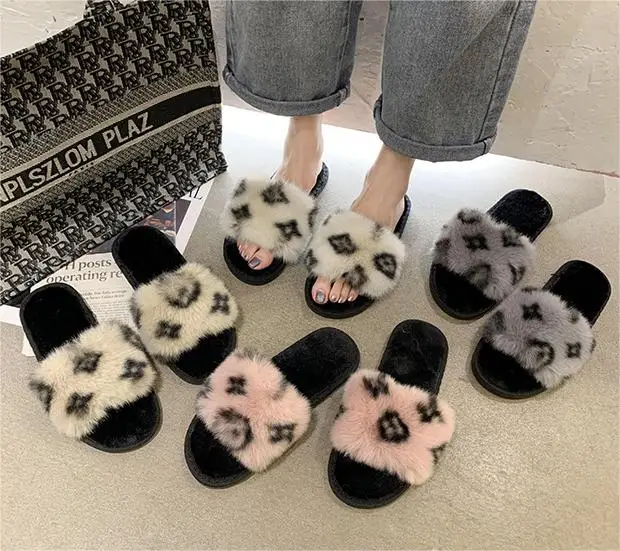 Hot Sale Slippers Winter Slide Slippers Fashion Warm Leopard Print Indoor Home Autumn/winter Fur Women Ladies Girl Female TPR