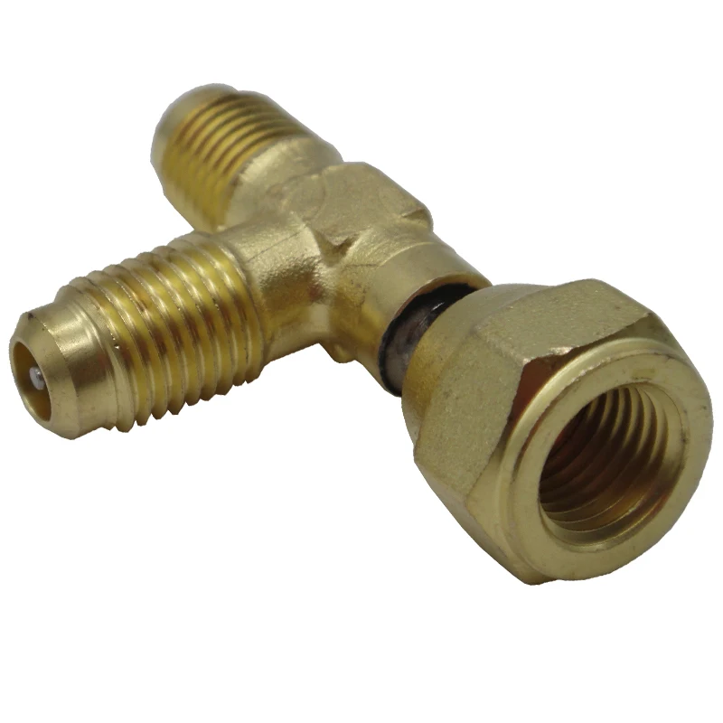 Brass TEE of 1pc FSAE to 2pcs MSAE flare is used to extend access port quantity to connect pressure sensors, gauges and others