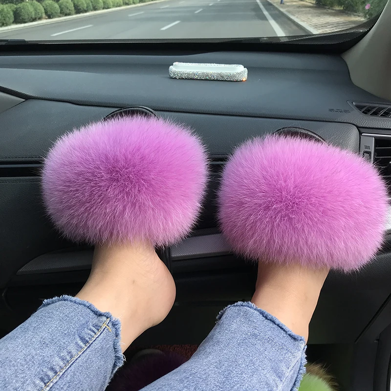 2022 Wholesale Design Fluffy Fox Fur Indoor Slippers Brown Raccoon Furry Real Fur Slides for Women with Logo