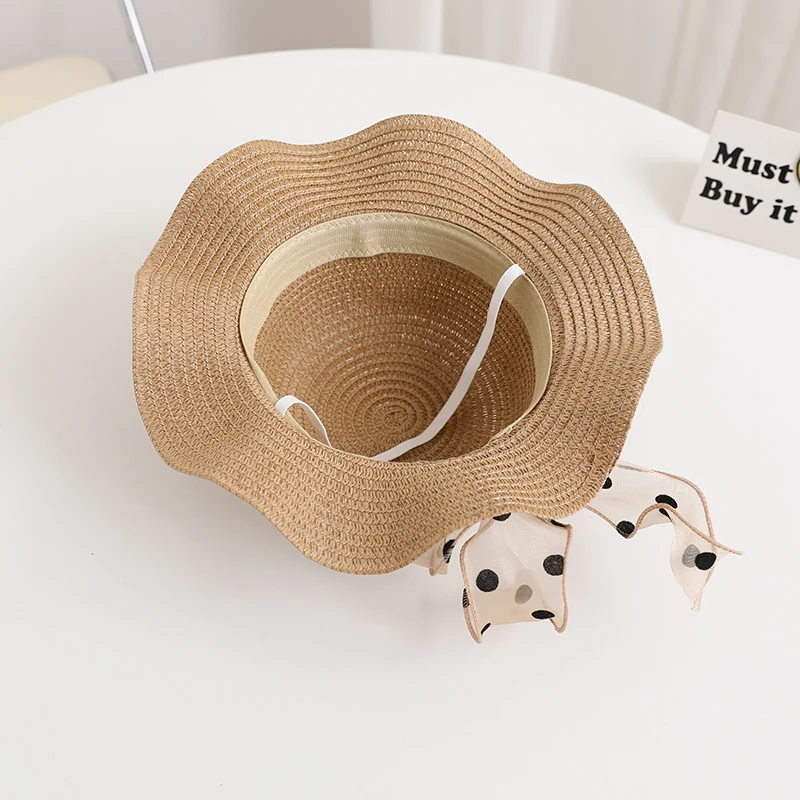 Summer Kids BagSet Luxury Ribbon Wide Wave Brim Bowknot Spotted Sweet Cute Sunshade Hat For Beach Outdoor Girl Bag Straw Hat Set