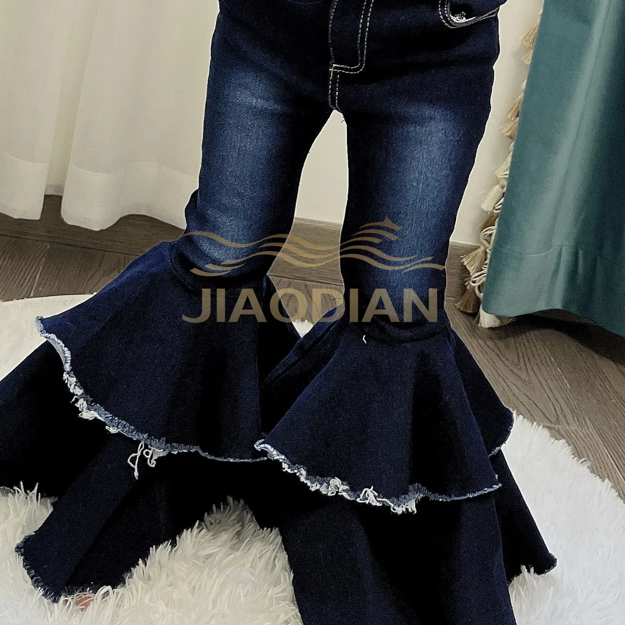 New Hot Sale Stylish Fall Winter Kids Denim Pumpkin Color Double Flared Bells Baby Girl Pumpkin Dual Ruffler Jeans Bells