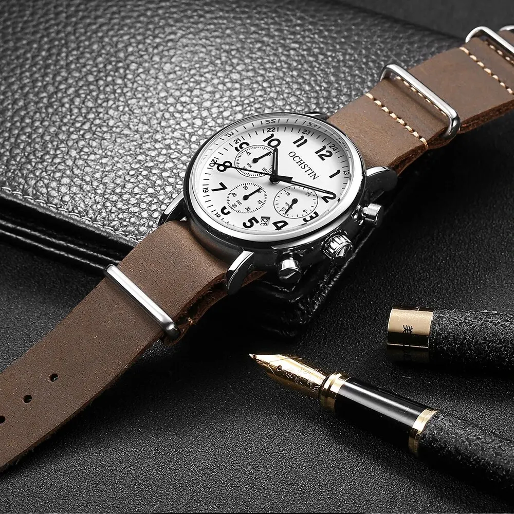 OCHSTIN GQ081A 2024 Pilot Mens Watches Luxury Cowhide Leather Luminous Quartz Man Retro Wrist Watch Vintage Chronograph Clock