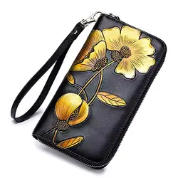 Women grain cowhide Wallet Hand  beautiful design Painted Flowers Ladies Wristlet Wrist strap Long Purse