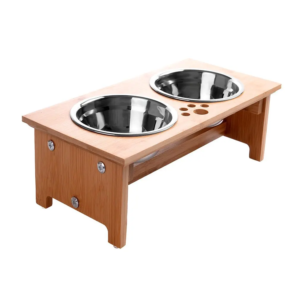 Wholesale Elevated Cat Bowl Bamboo Dog Bowls Stand Stainless Steel Food&Water Bowls Cats and Puppy Pet Bowls & Feeders